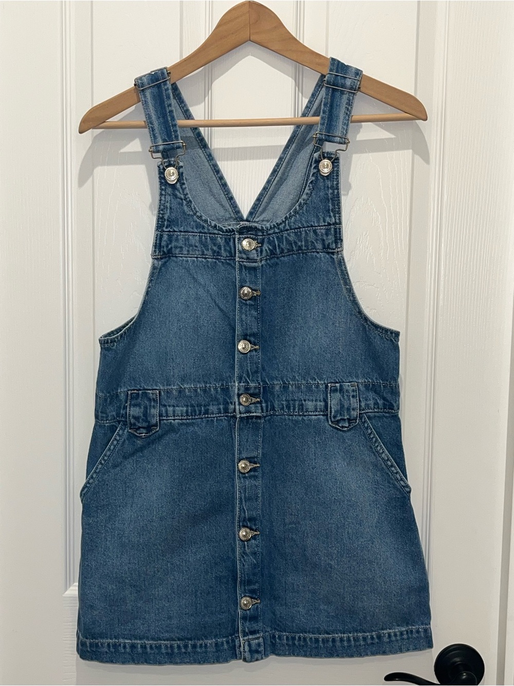 We The Free Blue Denim Button-Front Pinafore Dress